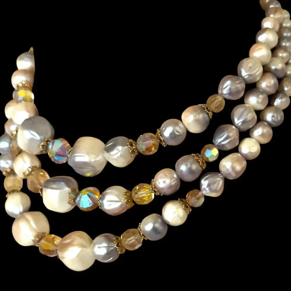 Vintage Baroque Crystal Pearl Triple Strand Citrine Rhinestone 1950s Necklace